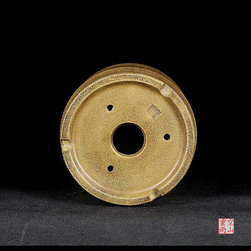宜兴紫砂盆景精品花盆 全手工仿古圆形竹节丸刀刻黄段泥多肉菖蒲