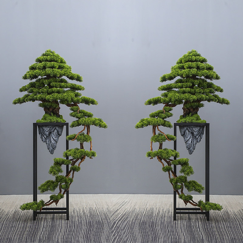 大号落地崖柏树盆景仿真迎客松售楼处样板间装饰绿植摆件花几中式