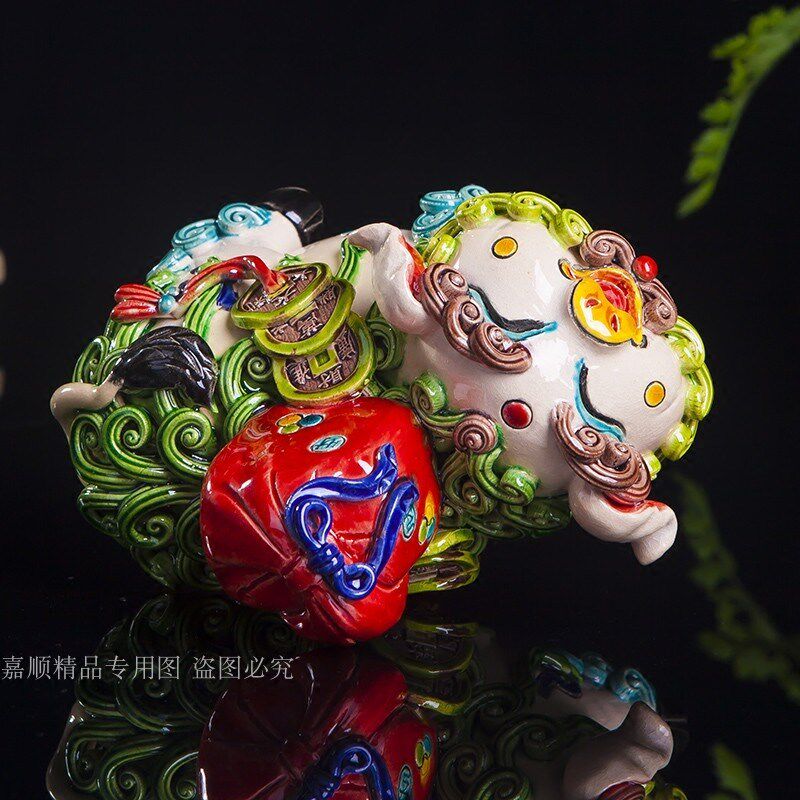 景德镇陶瓷器交趾陶彩陶 七彩招财如意猪摆件 生肖猪客厅手办送礼
