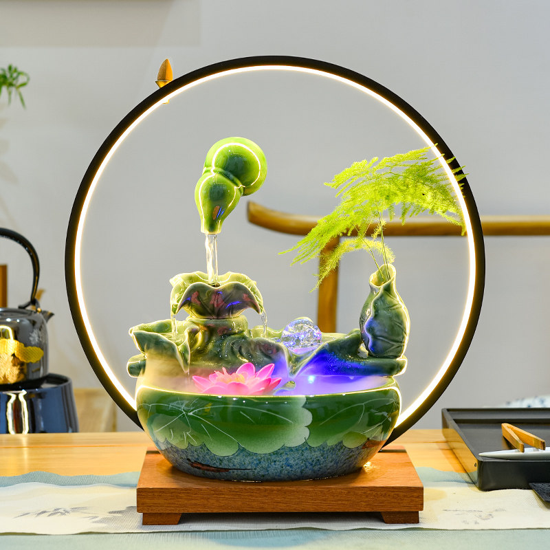 创意灯圈流水喷泉小鱼缸摆件倒流香炉风水球招财客厅装饰开业礼品