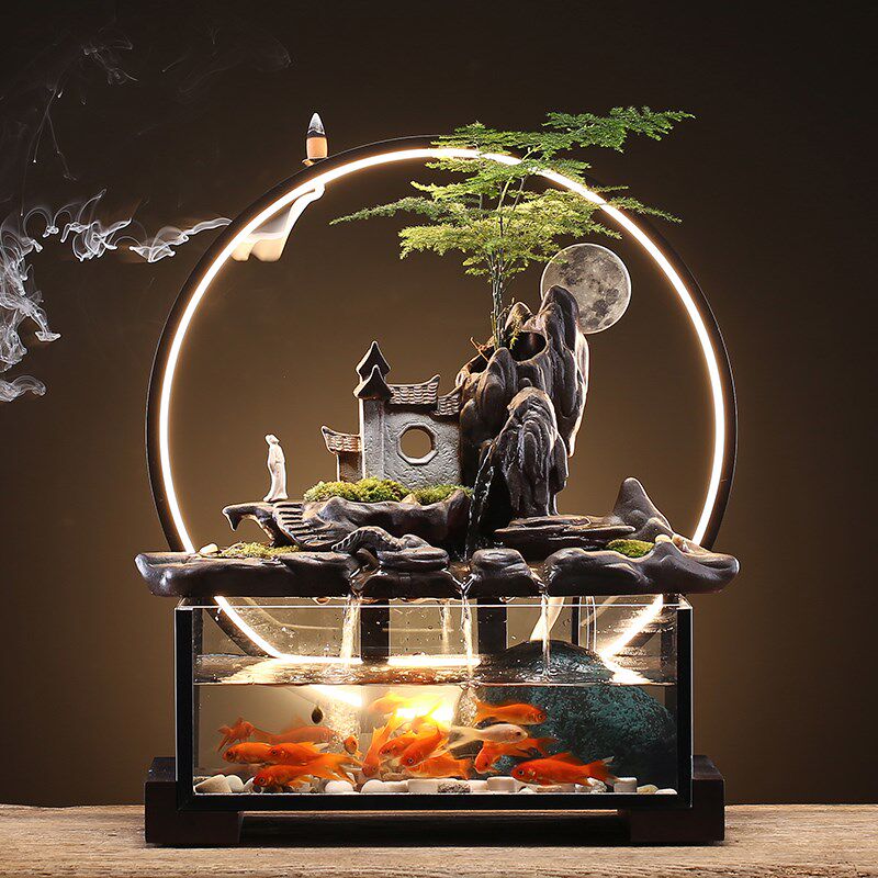 创意招财流水生财鱼缸摆件循环水倒流香客厅家居水景玻璃鱼缸家用