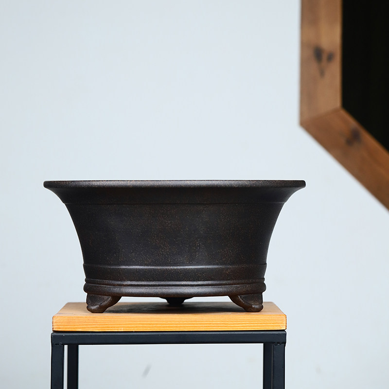 古铜泥精品紫砂花盆三足大号圆形黄杨松柏树老桩崖柏盆栽古典庭院