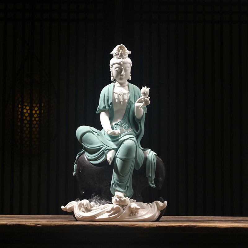 新中式持莲观音家居供奉摆件玄关禅意佛像白瓷工艺品会所茶室装饰