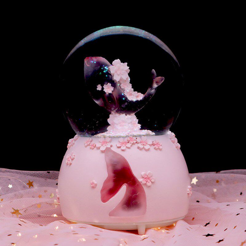 梦幻樱花鲸鱼水晶球音乐盒旋转摆件八音盒创意小夜灯女生生日礼物