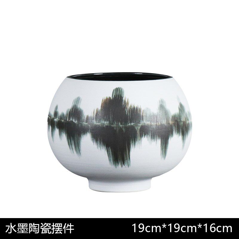 新中式水墨画陶瓷磨砂花瓶样板间客厅玄关中国风大口花钵花器摆件