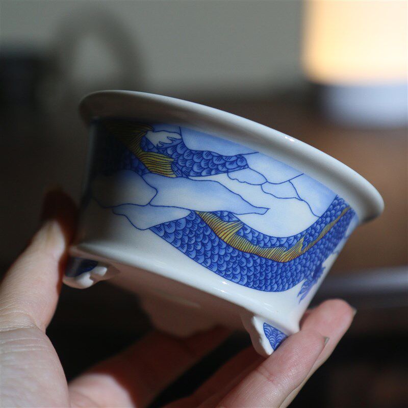 紫砂花盆陶瓷贴花手绘彩绘山水盆景盆圆形水墨画中国风古典盆栽