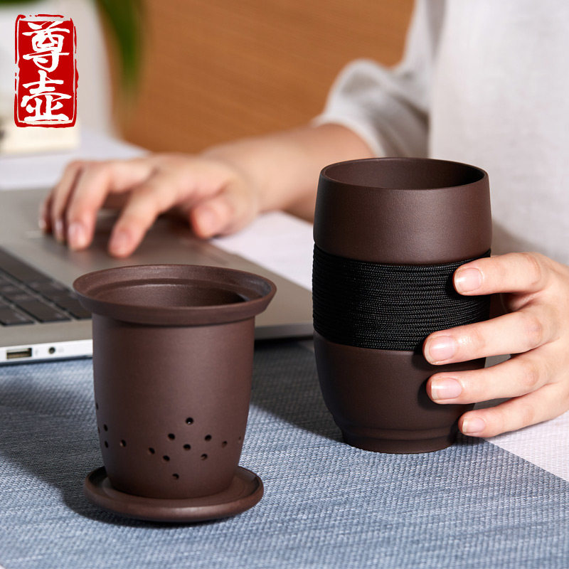 宜兴紫砂快客杯户外旅游随身茶水分离泡茶杯便携包式旅行茶具套装