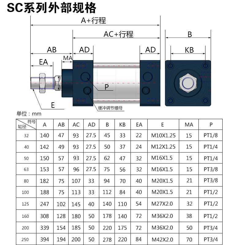SC标准气动气缸大推力SC100X25X50X100X200X300S压豆腐气缸耐高温