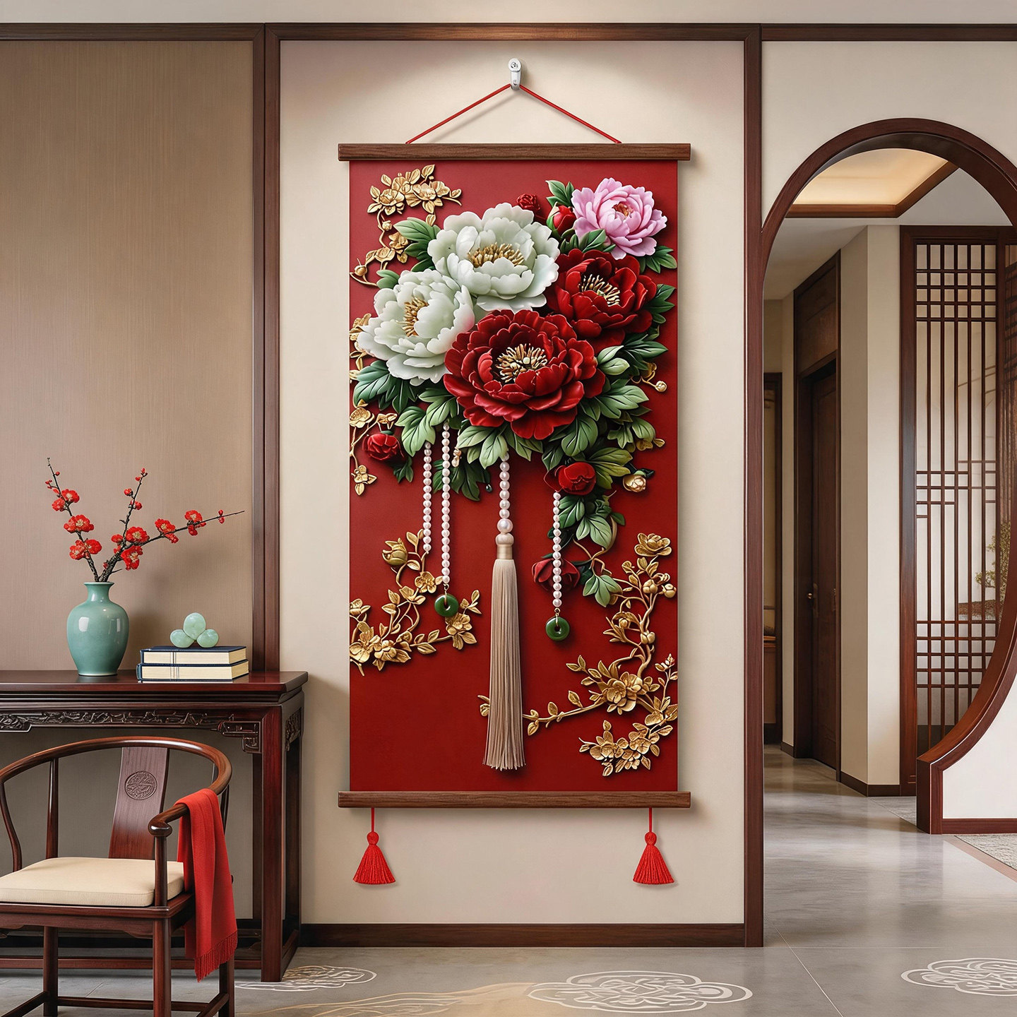 花开富贵牡丹装饰画中式玄关挂画卧室喜庆红色轻奢挂轴画婚庆礼品
