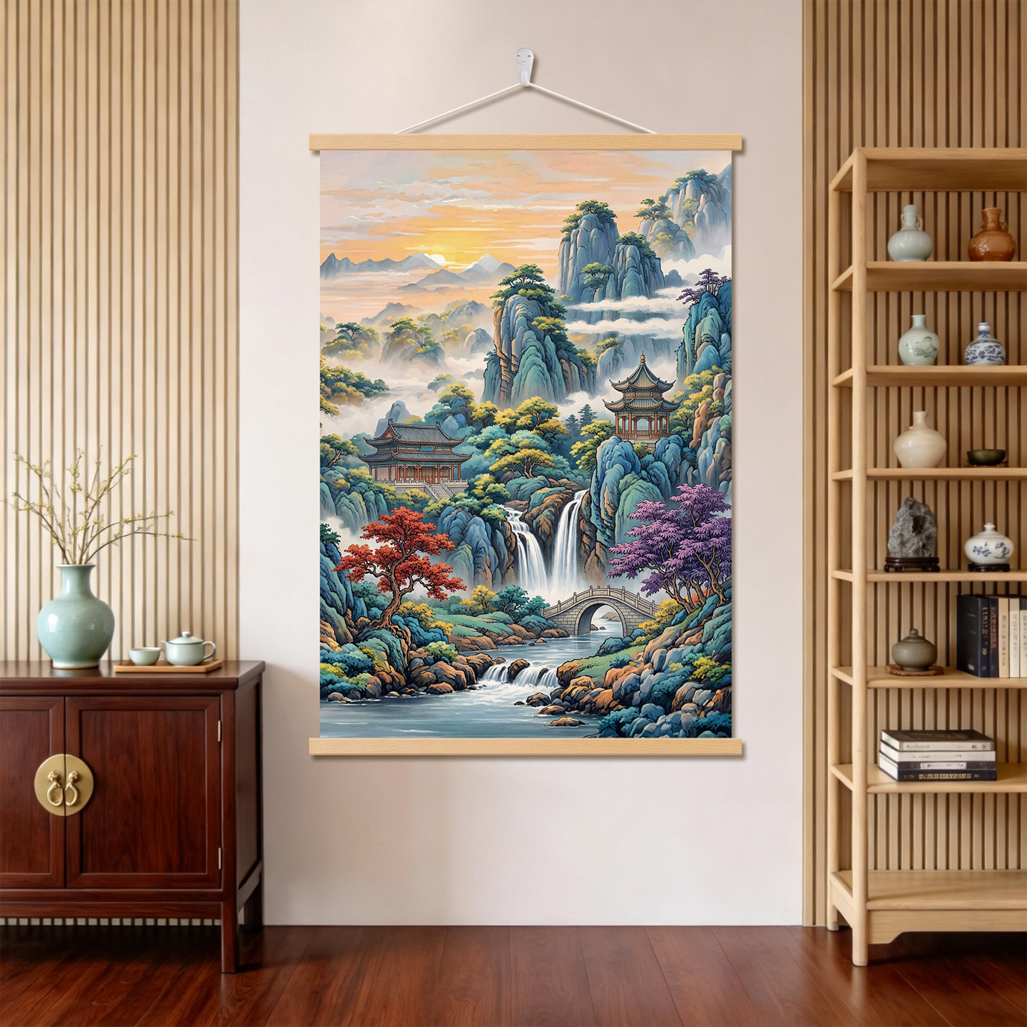 仙堂东北堂屋供奉风水山水挂画