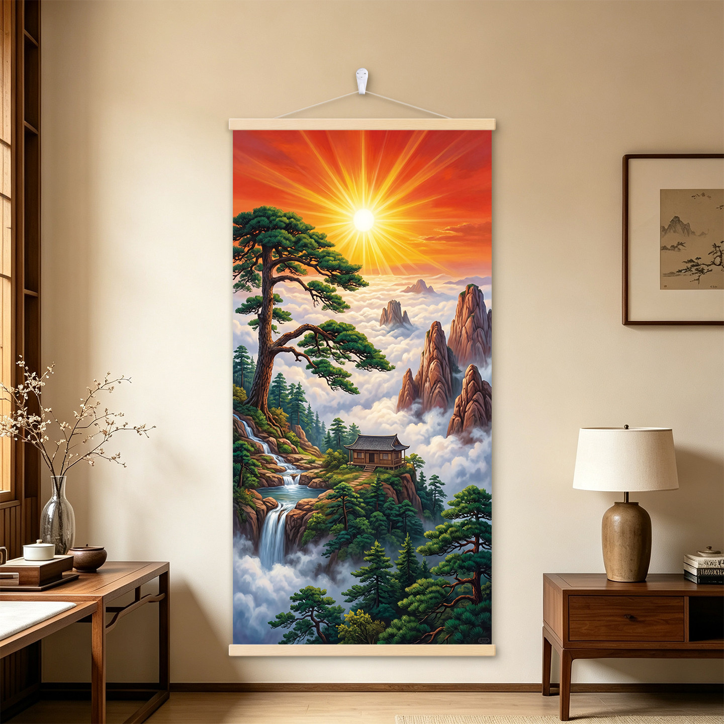中式旭日东升山水招财玄关挂画
