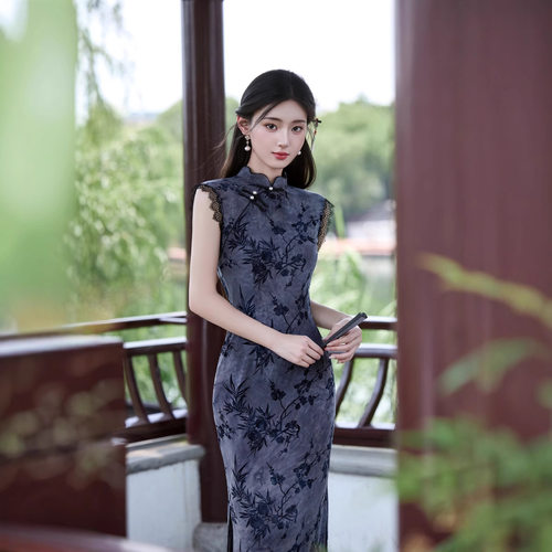 2026新款夏季民国复古女日常可穿长款显瘦牛奶丝植绒旗袍连衣