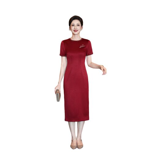 2026新款酒红色婚宴妈妈礼服优雅夏季喜婆婆气质旗袍高品质