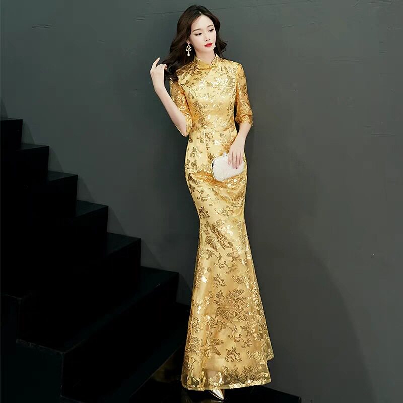 2026新款鱼尾改良旗袍冬季长款中国风时装版年会晚礼服中袖性感女
