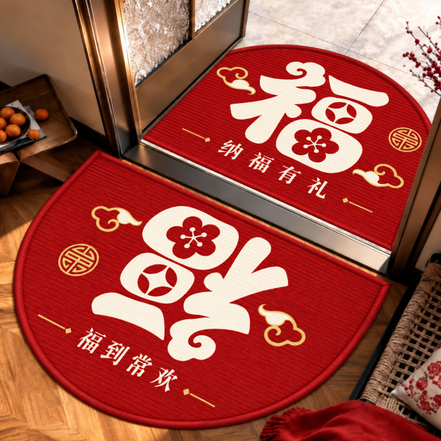 半圆红色喜庆防滑入户地垫