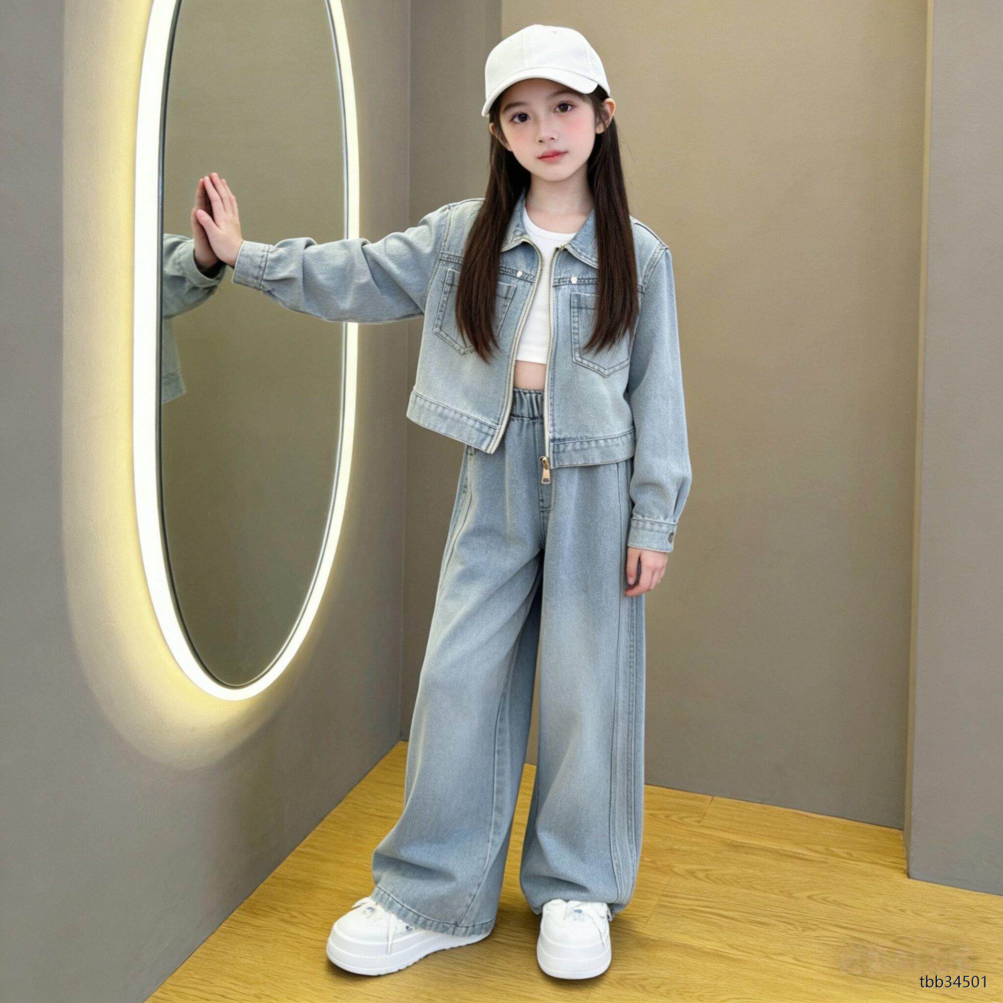 牛仔外套洋气直筒牛仔裤套装潮酷女童新款春秋季韩版时尚拉链