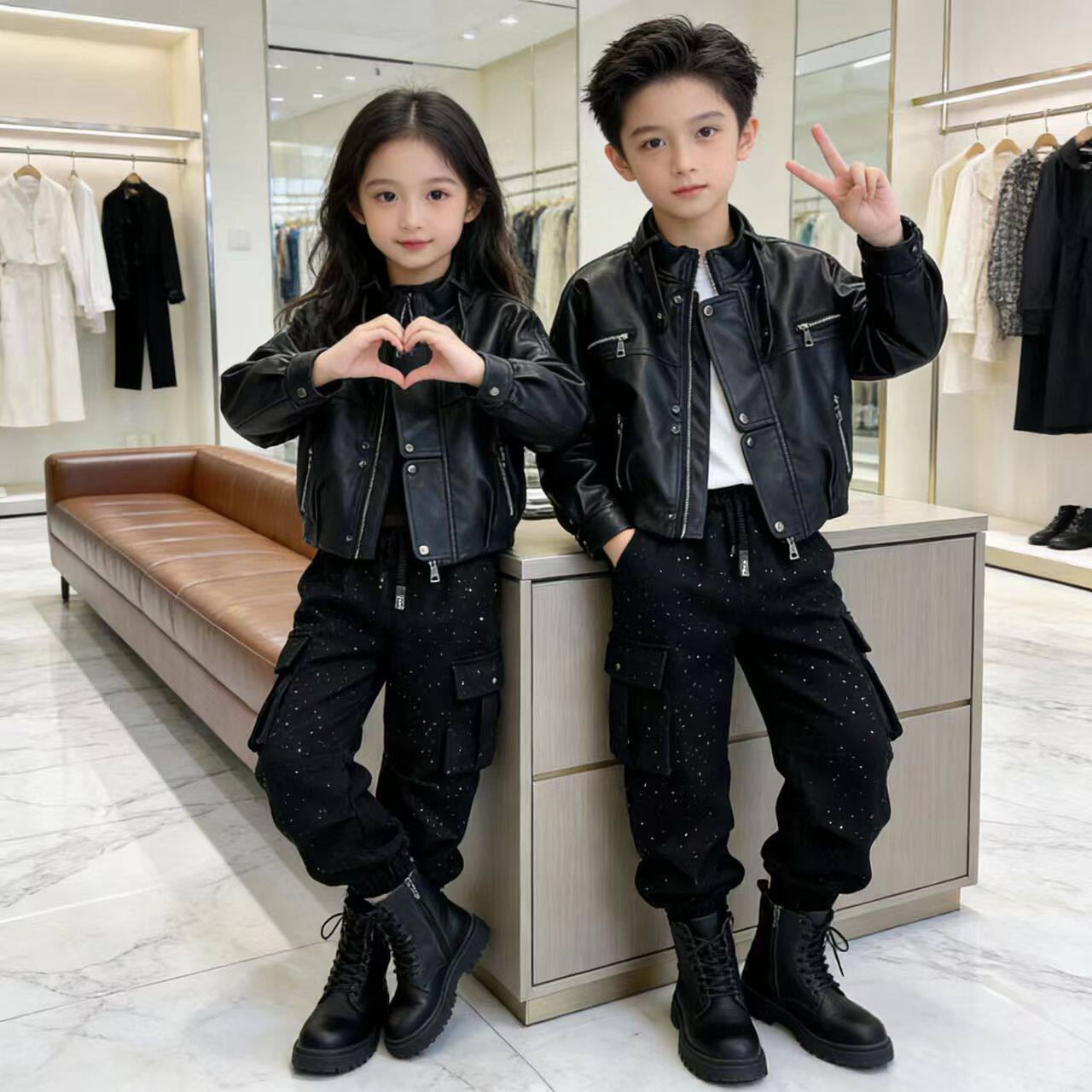 儿童春秋韩版款皮衣套装新款男女帅气皮外套炸街工装裤套装潮