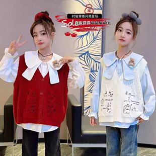 女童毛衣马甲春秋小香风针织小熊坎肩娃娃领衬衫搭马夹两件套