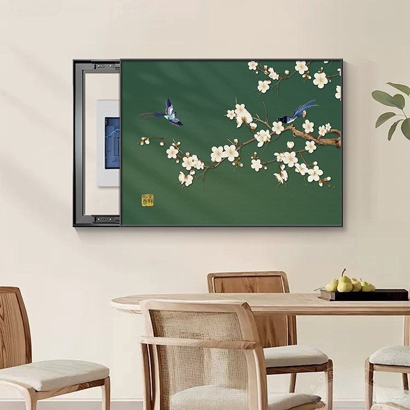 新中式电表箱装饰画免打孔电表箱遮挡盒挂画喜上眉梢电闸盒壁画