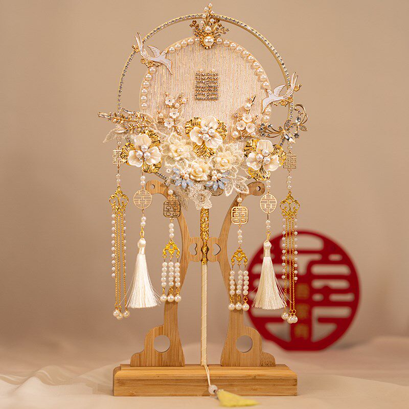 中式喜扇结婚新娘团扇diy材料包手工喜扇成品古风金色手持秀禾扇