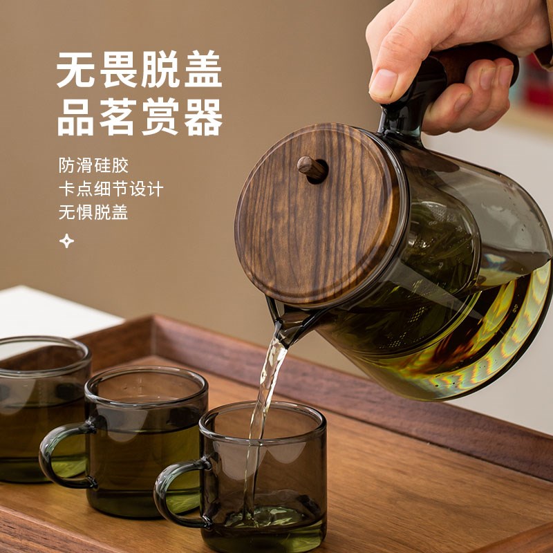 飘逸杯泡茶壶2024新款胡桃木把手玻璃内胆一键过滤茶水分离冲茶壶