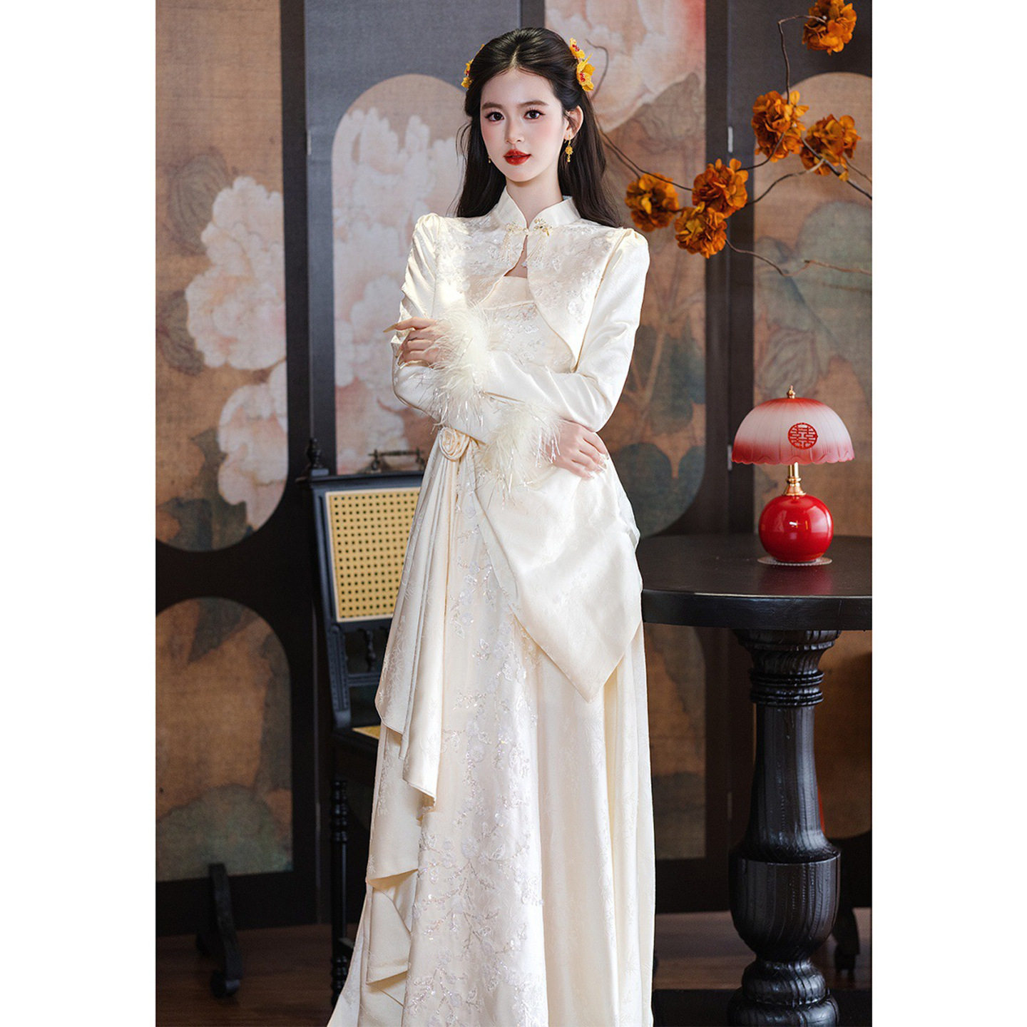 2026新款新中式敬酒服女香槟色订婚旗袍套装新娘结婚礼服长袖冬季