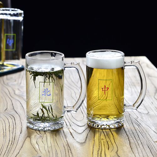500毫升啤酒杯带把中国风文案扎啤杯网红烧烤店玻璃杯大容量酒杯