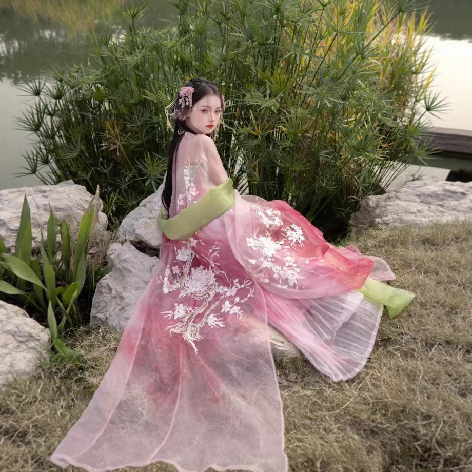 2026新款春日宴粉色晕染外绣花大袖诃子裙夏粉色桃花摄影古风仙女