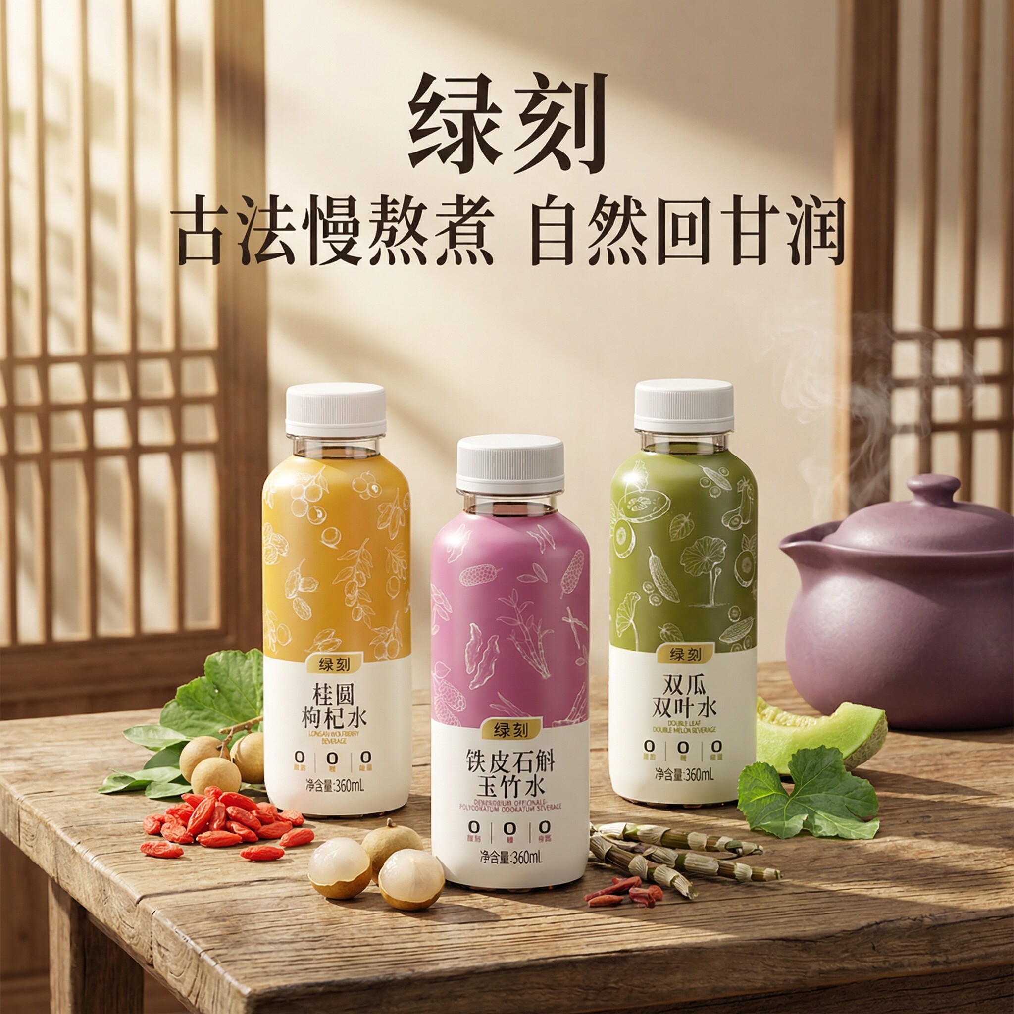 绿刻铁皮石斛玉竹水桂圆枸杞双瓜双叶水组合0脂植物饮料凉茶元气