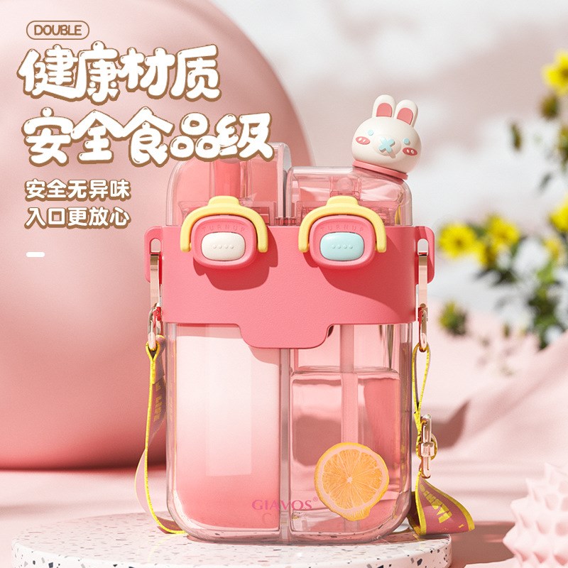 网红萌仔双饮杯双口儿童水杯双头杯子双拼杯双嘴水壶女两格小青蛙图片
