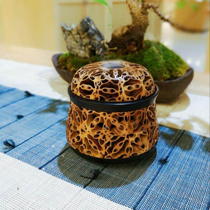 中式核桃木紫光檀镂空工艺小手炉家用室内禅意沉香盘香熏香香炉