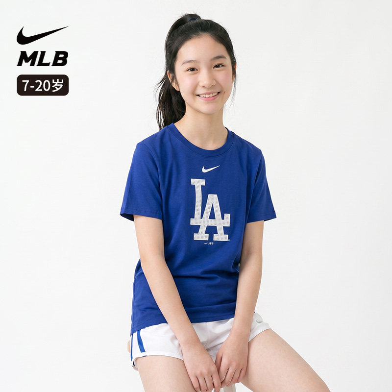 Nike耐克 MLB联名洛杉矶道奇队舒适圆领短袖T恤蓝色LA青少年男女 - 实物图