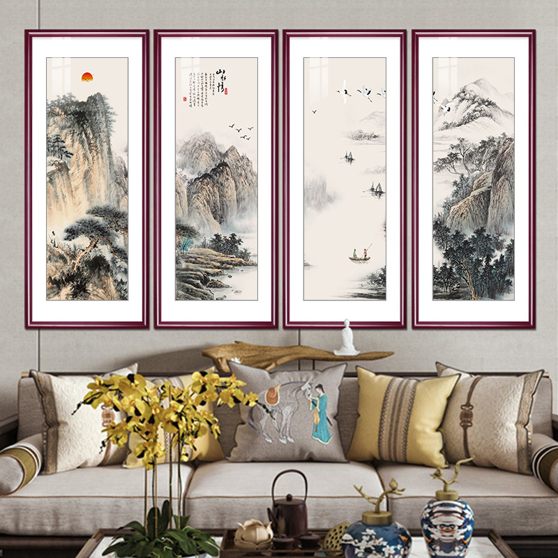 国画四条屏山水画沙发背景墙挂画中式客厅装饰画办公室四联水墨画