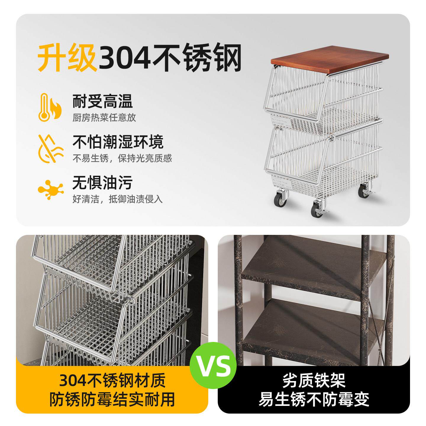 不锈钢厨ab251003房台子下小架车推夹缝蔬菜置物橱柜内移动菜篮收