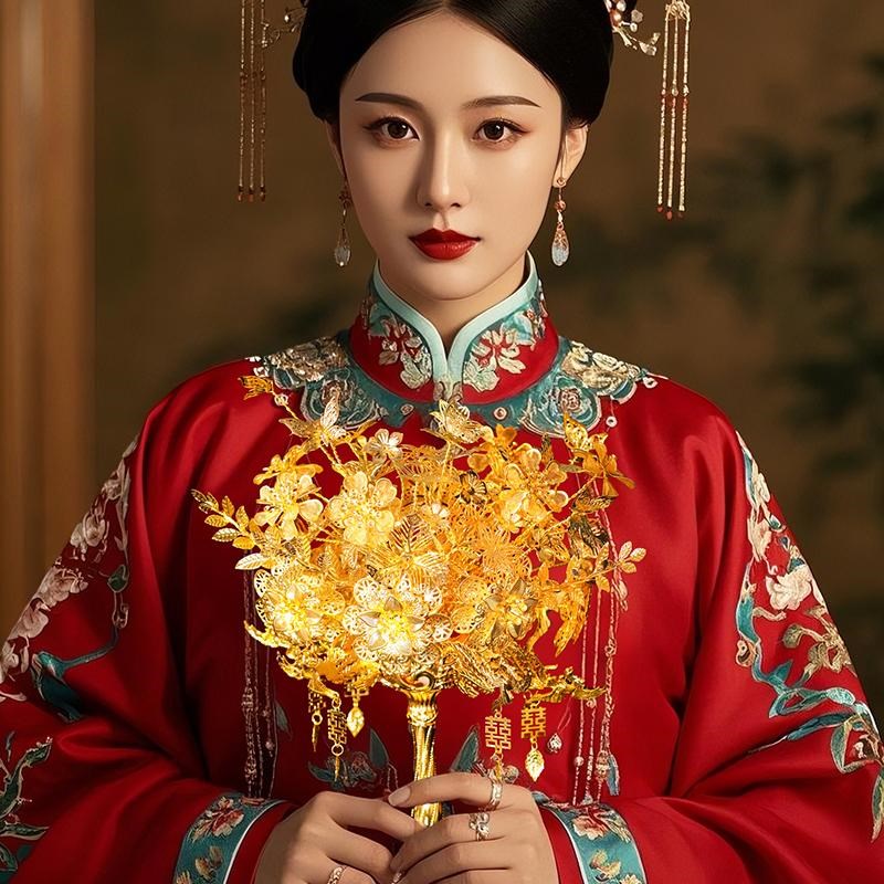 金色手捧花diy材料包婚礼秀禾服高级中式权杖礼物新娘结婚团扇