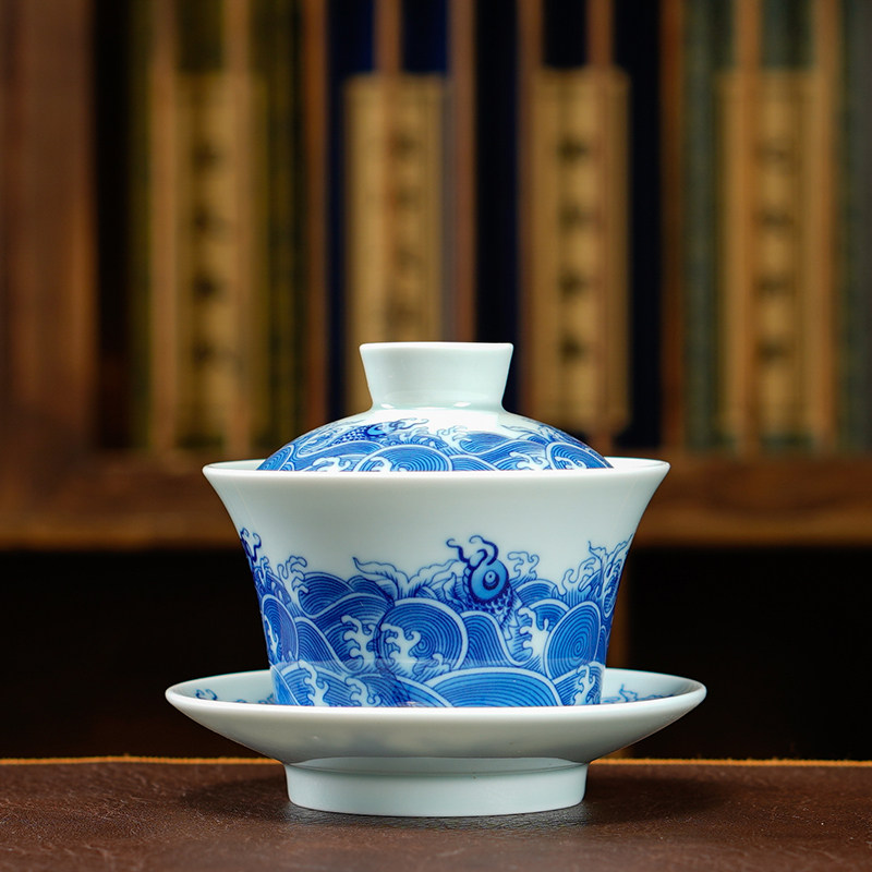 盖碗茶杯茶碗大号茶具青花瓷泡茶碗套装陶瓷功夫复古三才盖碗单个