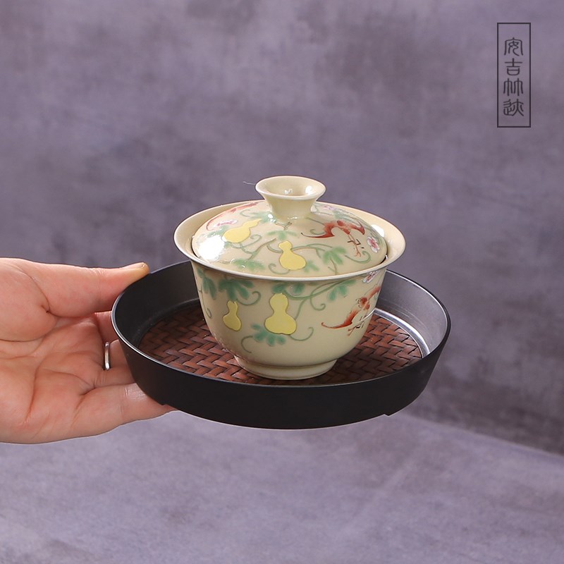 竹迹锡合金干泡紫砂壶承盘席面可蓄水日式盖碗托茶点盘茶具零配件