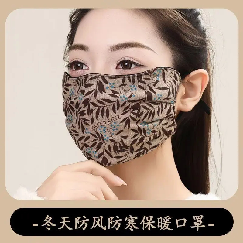 护眼角保暖口罩防风防寒骑行面罩加绒加厚秋冬印花不勒耳女时尚