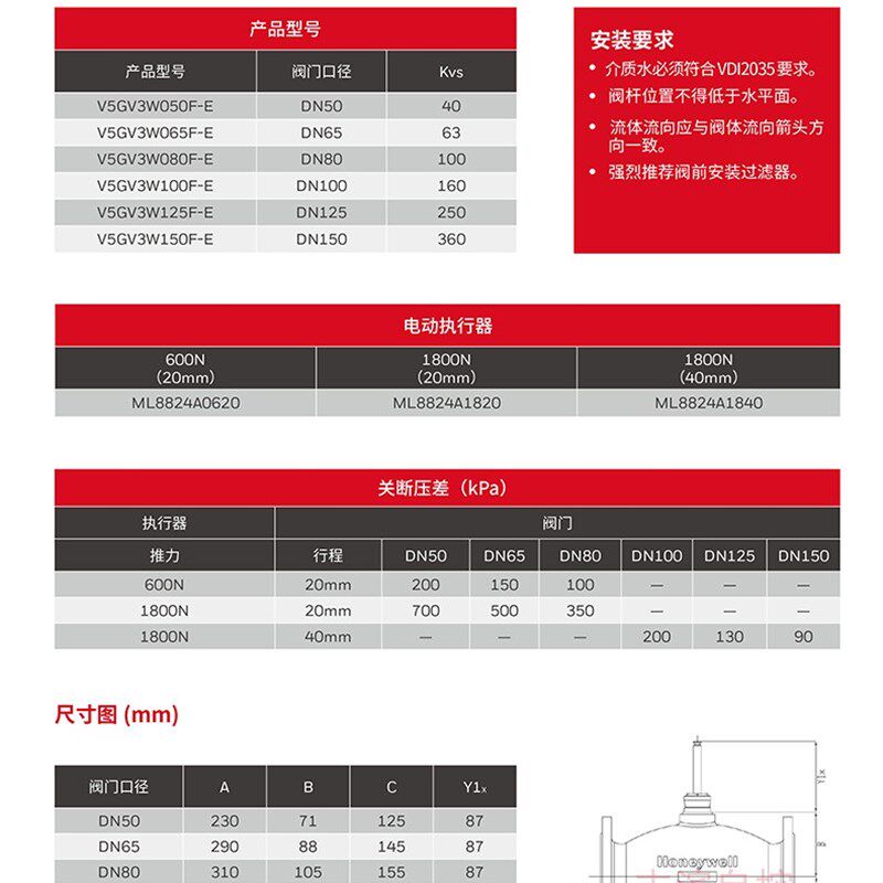 Honeywell霍尼韦尔电动三通阀 V5G3W080F-E+ML8824A0620 水阀