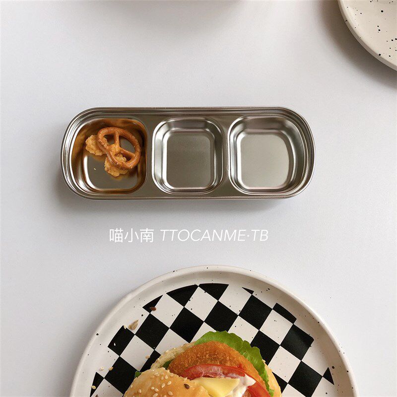 (韩国分格酱料碟) 方形烤肉店304不锈钢泡菜配菜小碗酱油金属餐具