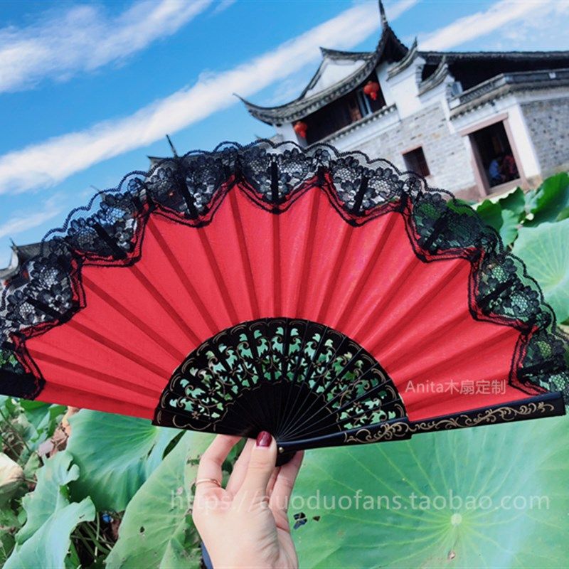 国潮木质扇旗袍扇汉服儿童扇子舞蹈扇古风女童红扇子挂墙装饰扇子