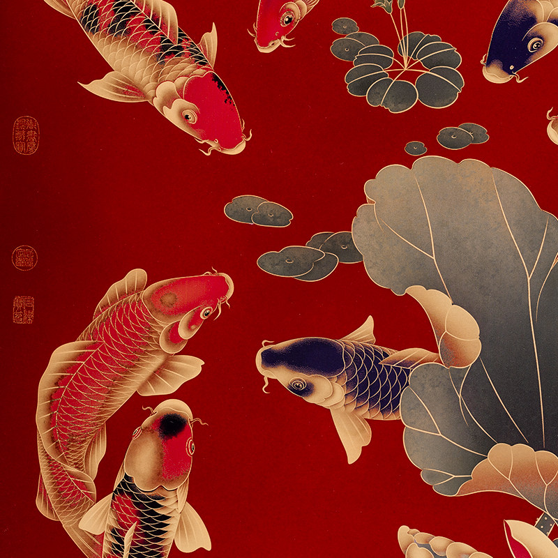 玄关画装饰画客厅走廊过道新款九鱼图中式正对门国画聚财锦鲤铜画