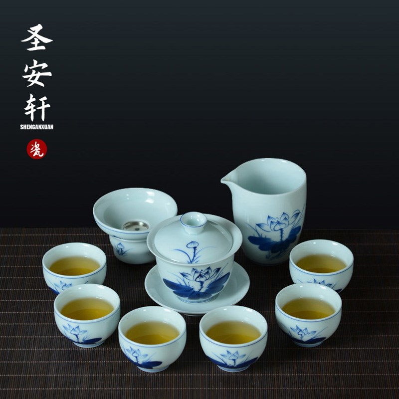 高档手绘青花瓷功夫茶具陶瓷家用整套礼盒装盖碗三才套装办公室