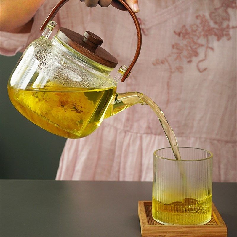 中式胡桃木盖玻璃茶具蒸茶煮茶两用提梁壶茶壶透明复古耐热烧水壶