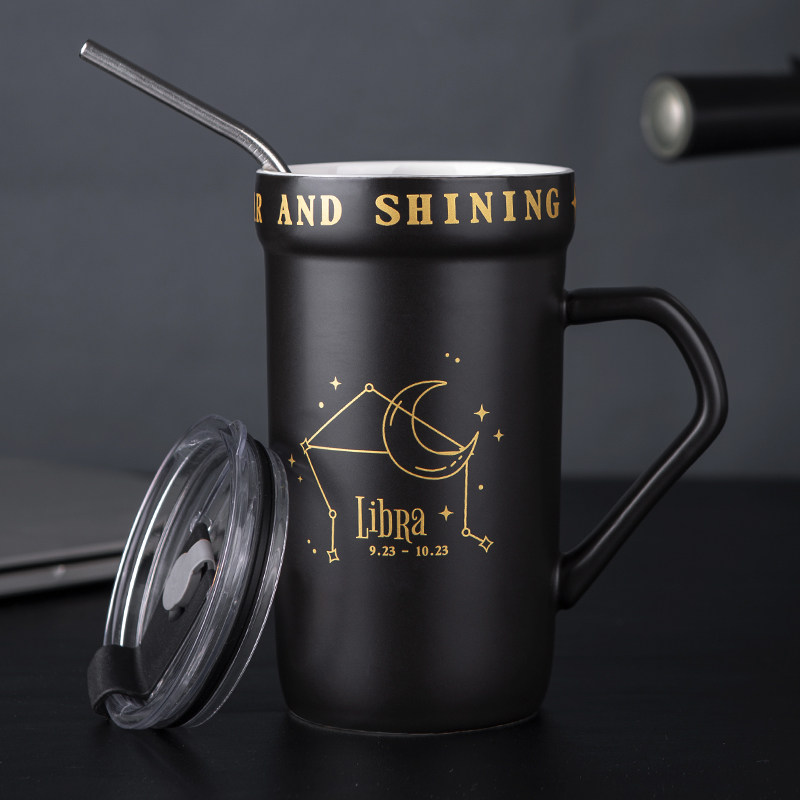 创意星座陶瓷水杯双饮杯超大容量吸管咖啡杯高颜值带盖家用马克杯
