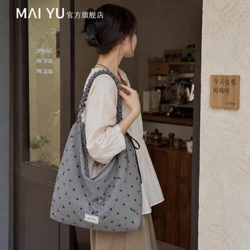 MY大容量波点帆布包女2026新款蝴蝶结单肩托特包通勤百搭斜挎包