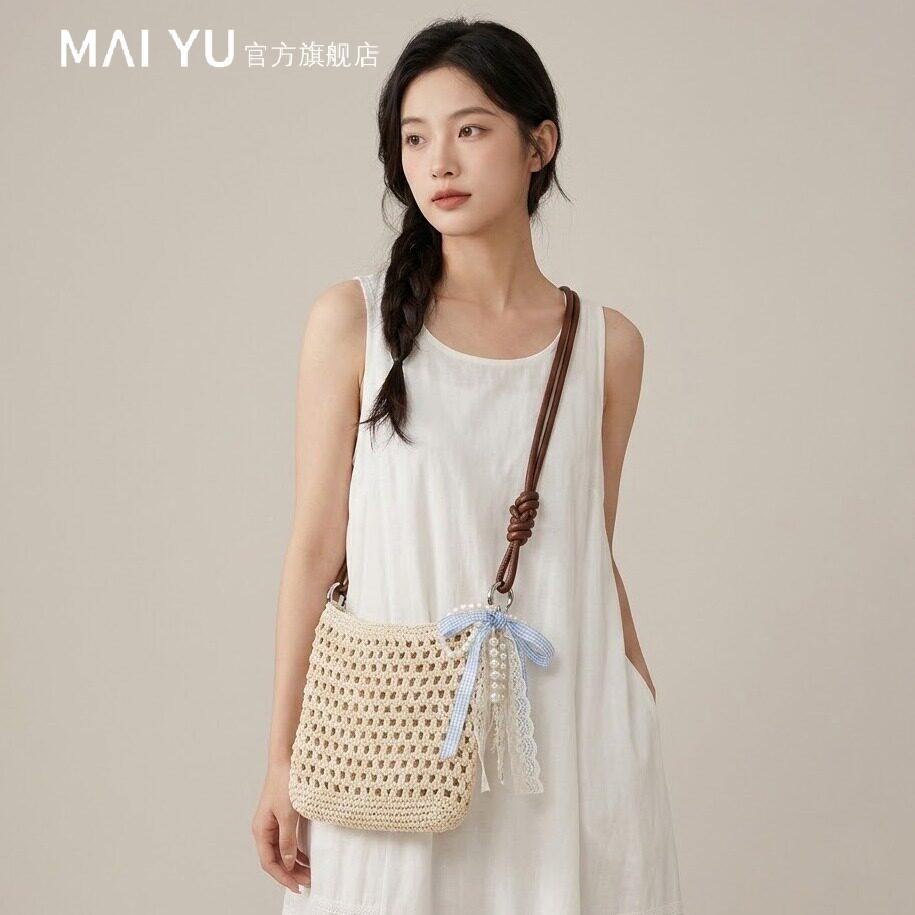 MY夏天夏季棉线编织包女2026新款海边度假风斜挎水桶包拉链手机包图片