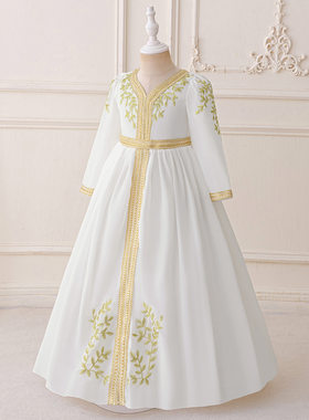 2026新款女童长袍礼服绣花雪纺连衣裙长袖织带裙儿童礼服裙bab