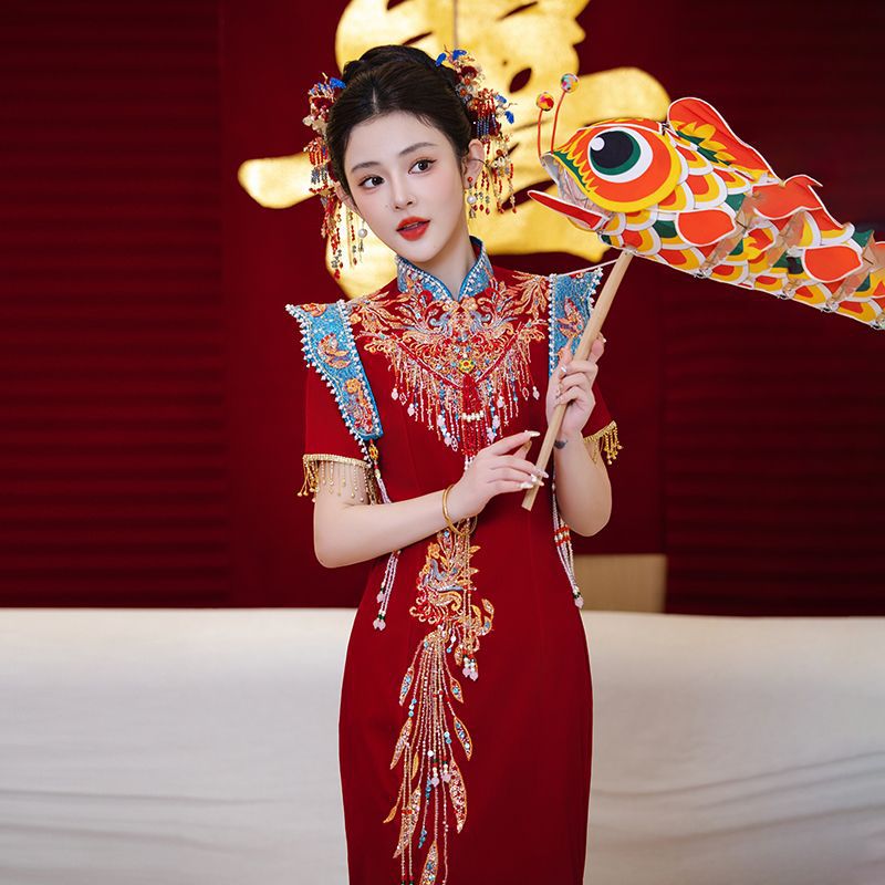 2026新款短袖丝绒旗袍秀禾服新中式改良版嫁衣夏季显瘦小个子秀禾图片