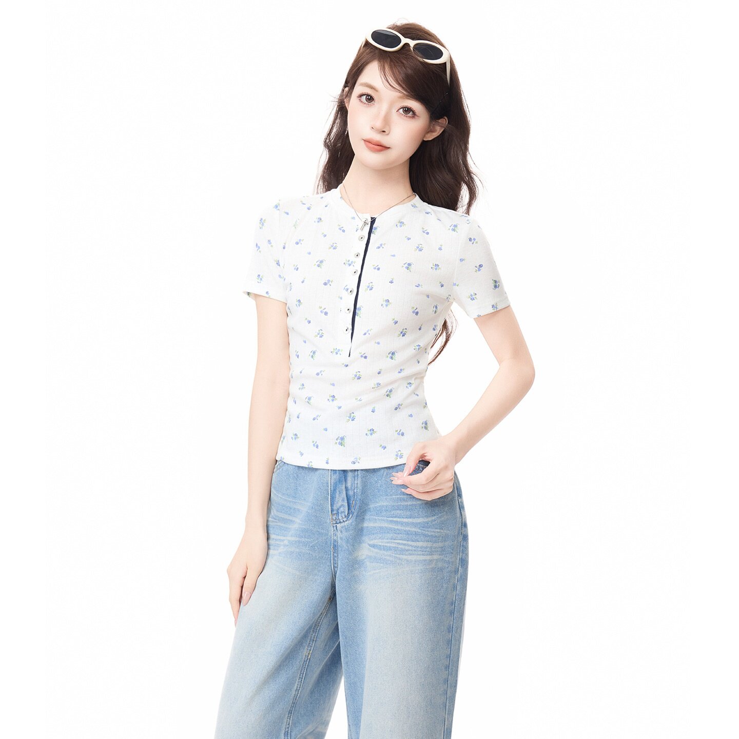 韩版亨利领碎花短袖显瘦T恤女